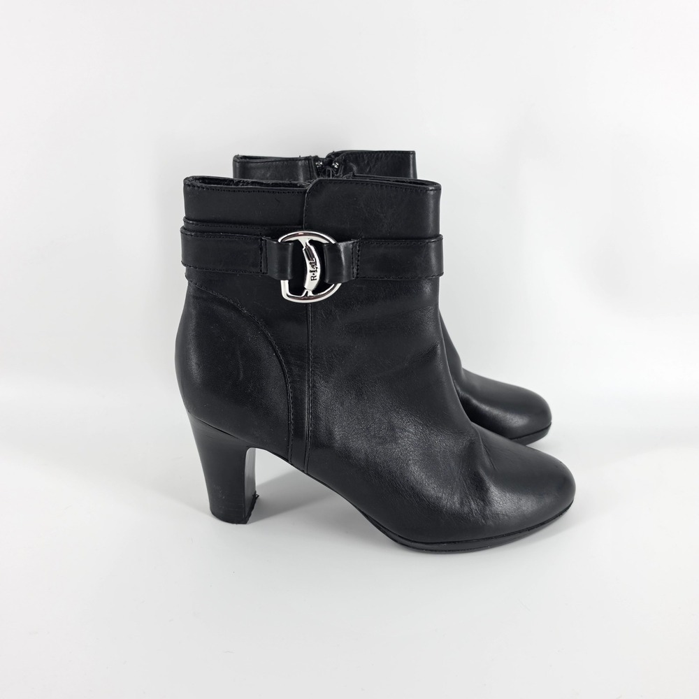 Ralph Lauren Mandy Ankle Boots Womens 7B Black Leather Buckle Block Heel Zip